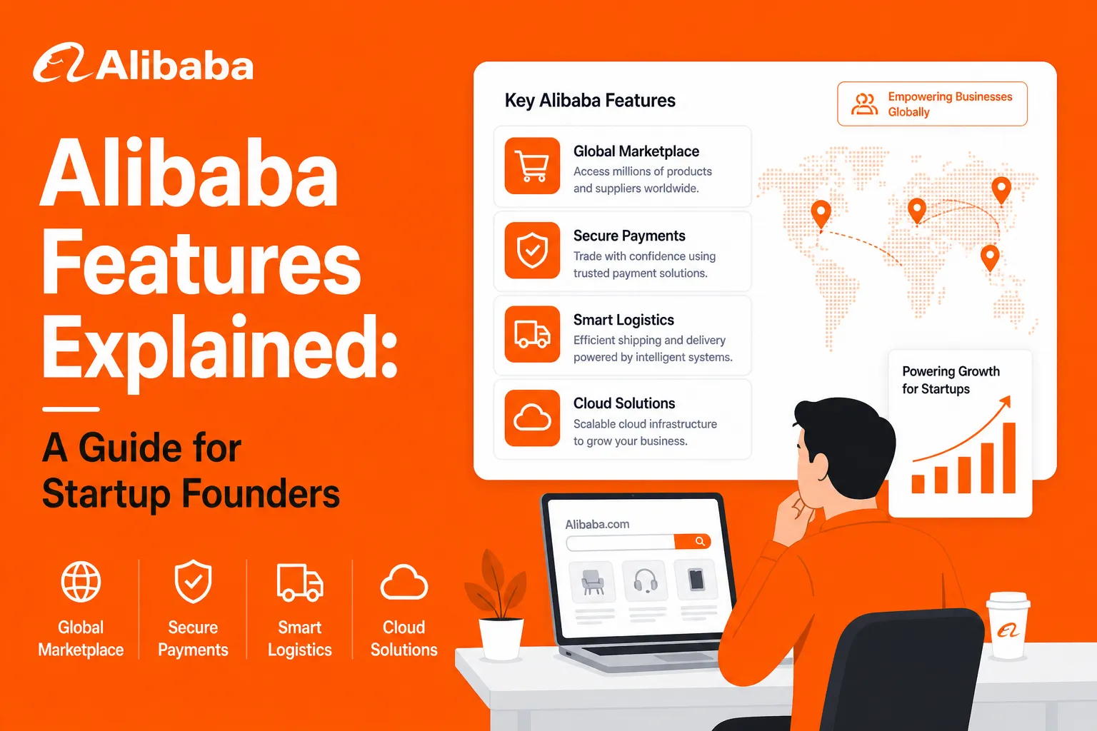 Alibaba platform features including global marketplace, secure payments, smart logistics, and cloud solutions for startups