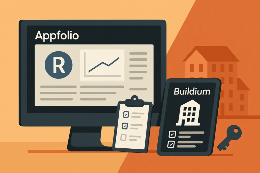 A digital illustration of AppFolio and Buildium platforms showing property management interfaces and real estate icons.