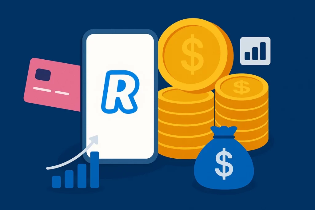 Illustration showing a mobile screen with the Revolut “R” logo, surrounded by a pink credit card, stacked gold coins, a blue money bag, and upward-trending bar charts — representing Revolut’s digital revenue growth and fintech business model.