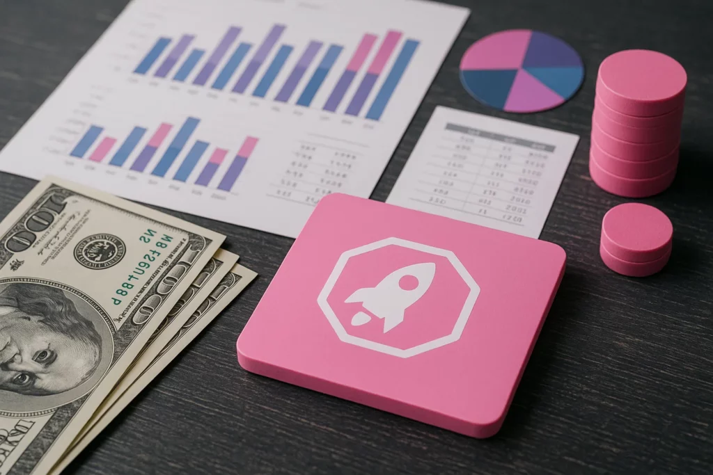 "Visual representation of a decentralized launchpad platform concept featuring a rocket icon on a pink block, financial graphs, stacked tokens, and US dollar bills symbolizing fundraising, token economics, and monetization in the crypto space."