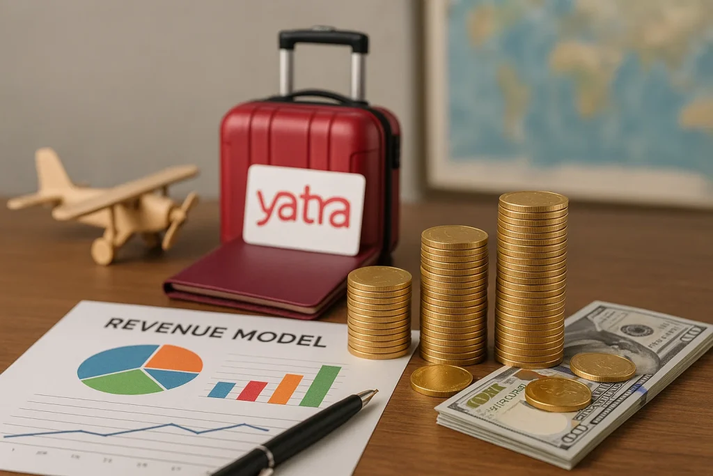 Stacks of gold coins, U.S. dollar bills, and a “Revenue Model” chart placed beside a red travel suitcase with a “Yatra” label — symbolizing Yatra’s business earnings and monetization strategy in the travel sector.