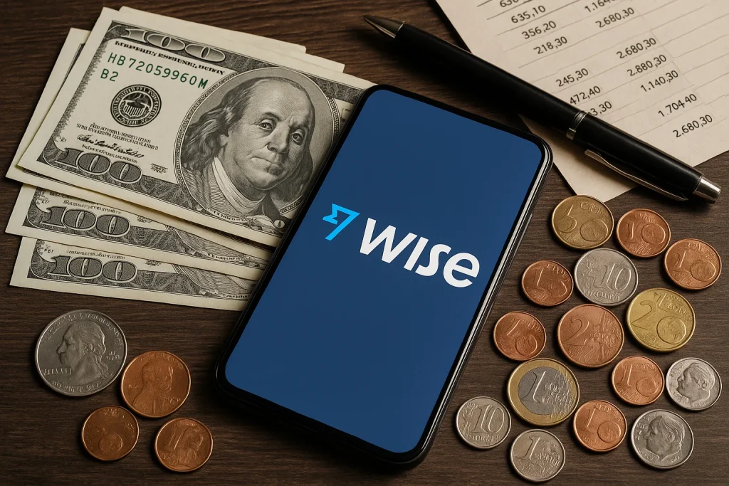 A smartphone displaying the Wise logo placed on a wooden table surrounded by US dollar bills, assorted international coins, a pen, and a financial statement — symbolizing global money transfers and Wise’s role in multi-currency financial management.