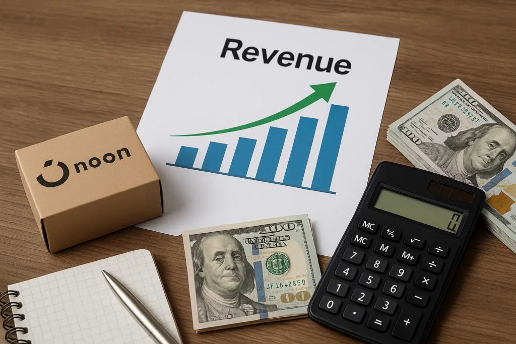 "Noon branded package with revenue chart, calculator, and US dollar bills on a desk, symbolizing business growth and financial performance."