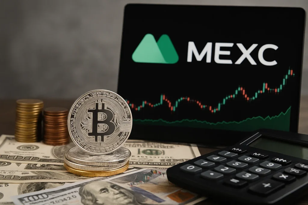 Bitcoin coin stacked on US dollar bills with a calculator and MEXC trading chart displayed on a screen in the background.