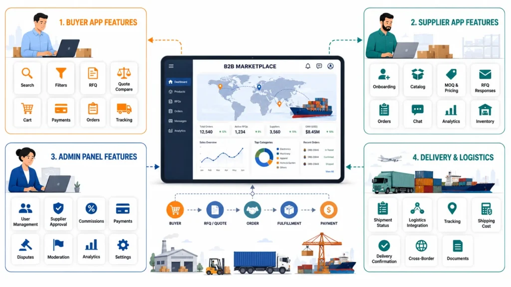 B2B marketplace platform showing buyer app features, supplier dashboard features, admin panel controls, and logistics management capabilities for wholesale commerce.