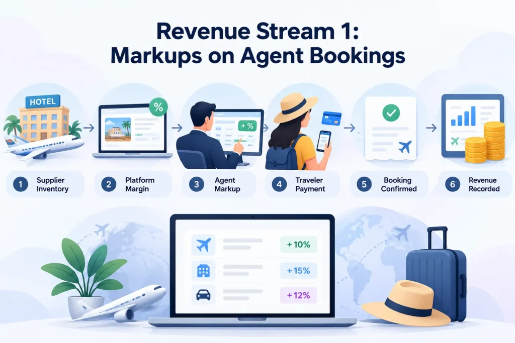 How B2B Travel Booking Platforms Generate Revenue From Markups, Commissions, Corporate Plans, and Agent Services 1 B2B travel booking platform markup workflow showing supplier inventory, platform margin, agent markup, traveler payment, booking confirmation, and revenue recording.