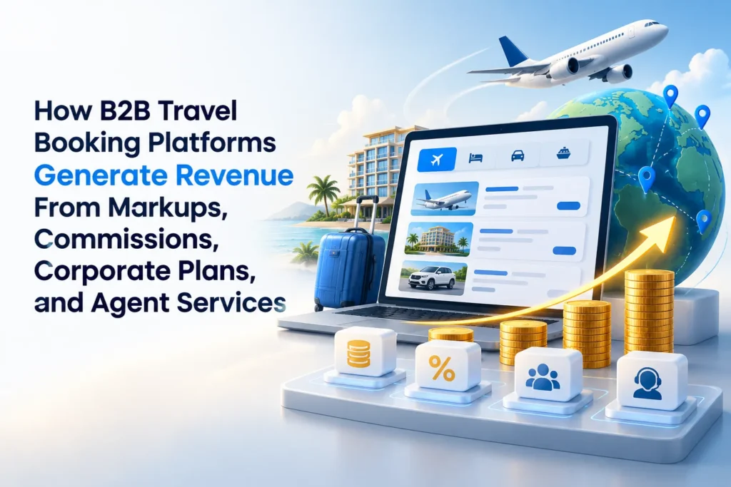 B2B travel booking platform revenue model showing markups, commissions, corporate plans, and agent services.