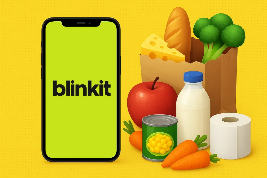 Illustration of Blinkit grocery delivery with a rider, city skyline, and smartphone app