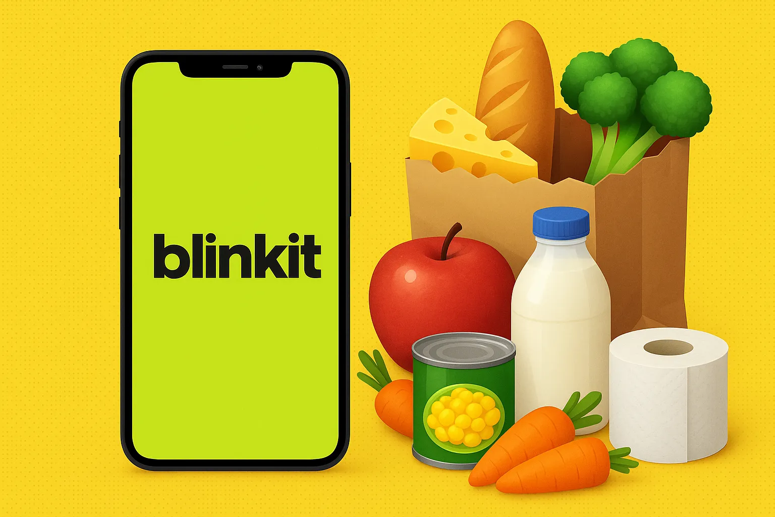 Illustration of Blinkit grocery delivery with a rider, city skyline, and smartphone app