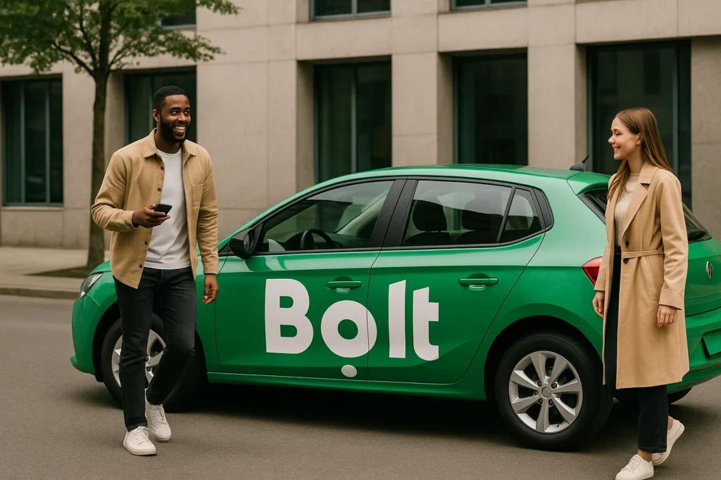 Two people standing beside a green Bolt car, smiling and interacting on a city street.