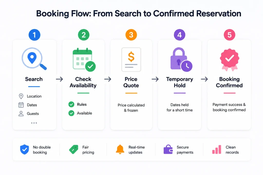 short-term rental booking system from search to confirmed reservation showing availability check, price quote, temporary hold, and booking confirmation.