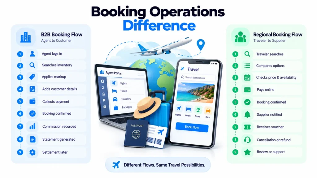 B2B Travel Booking Platform vs Regional Travel Booking Platform: How Their Business Models Differ 2 Booking operations difference between B2B vs regional travel booking platforms