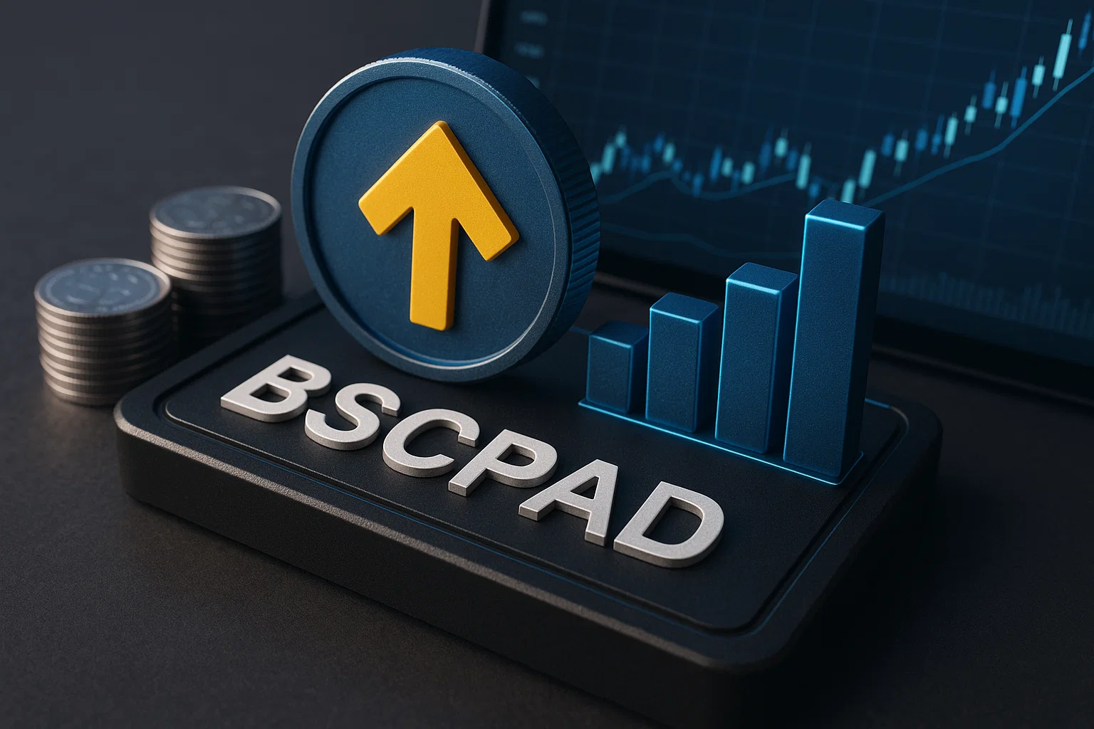 "BSCPAD crypto launchpad logo with upward arrow and bar chart showing growth trend"