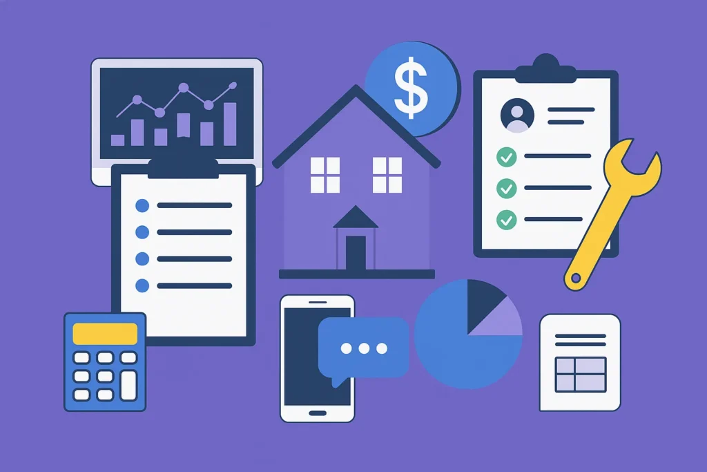 Flat-style illustration of property management tools including dashboard, calculator, mobile app, house icon, and maintenance checklist