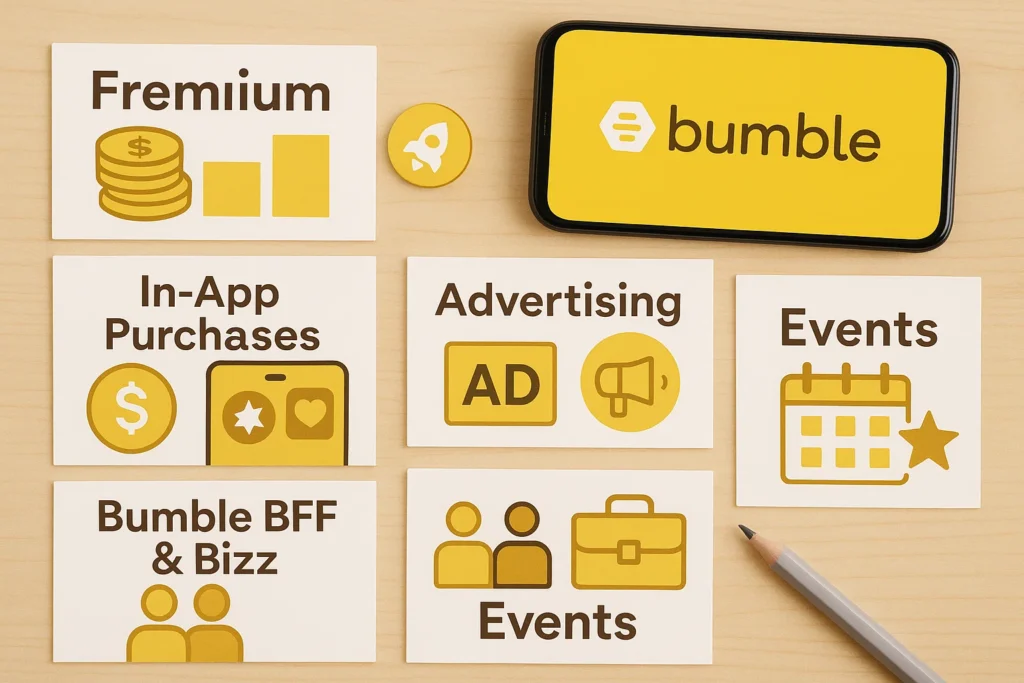 Cards with Bumble’s revenue streams including freemium, in-app purchases, advertising, events, and BFF/Bizz displayed next to Bumble app