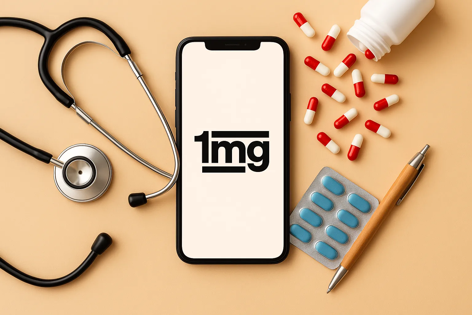 Business Model of 1mg digital pharmacy app with medicine delivery and teleconsultation icons