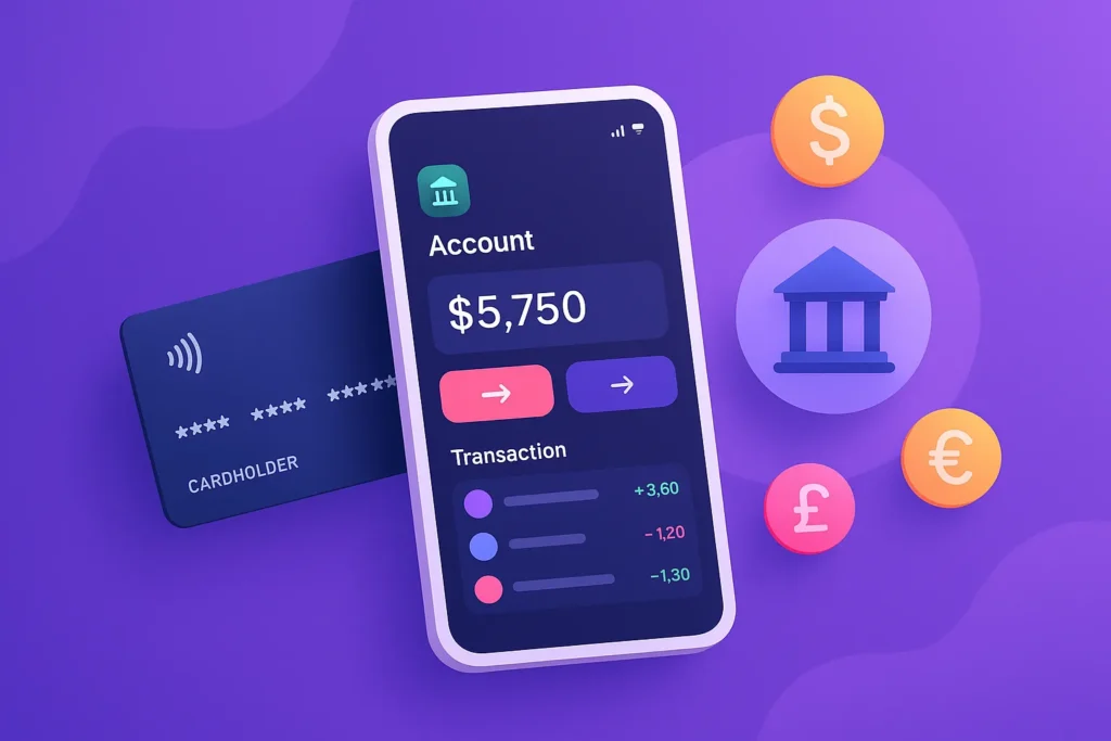Business Model of Neobank app interface on a smartphone with financial charts and digital banking icons