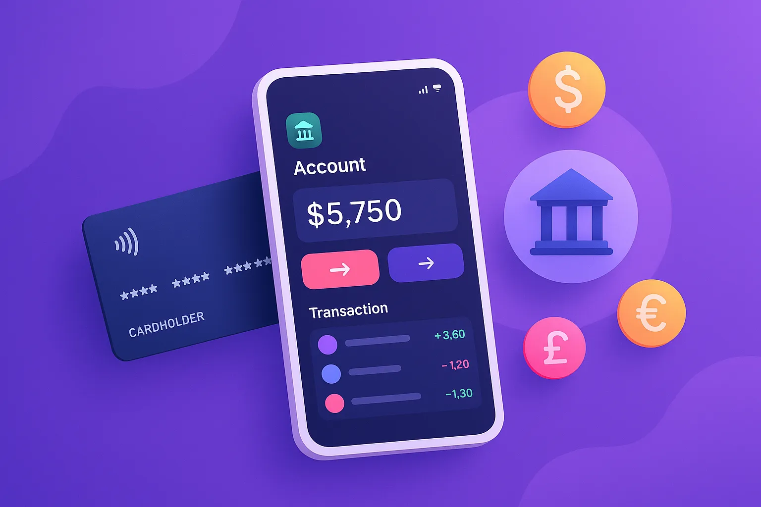 Business Model of Neobank app interface on a smartphone with financial charts and digital banking icons