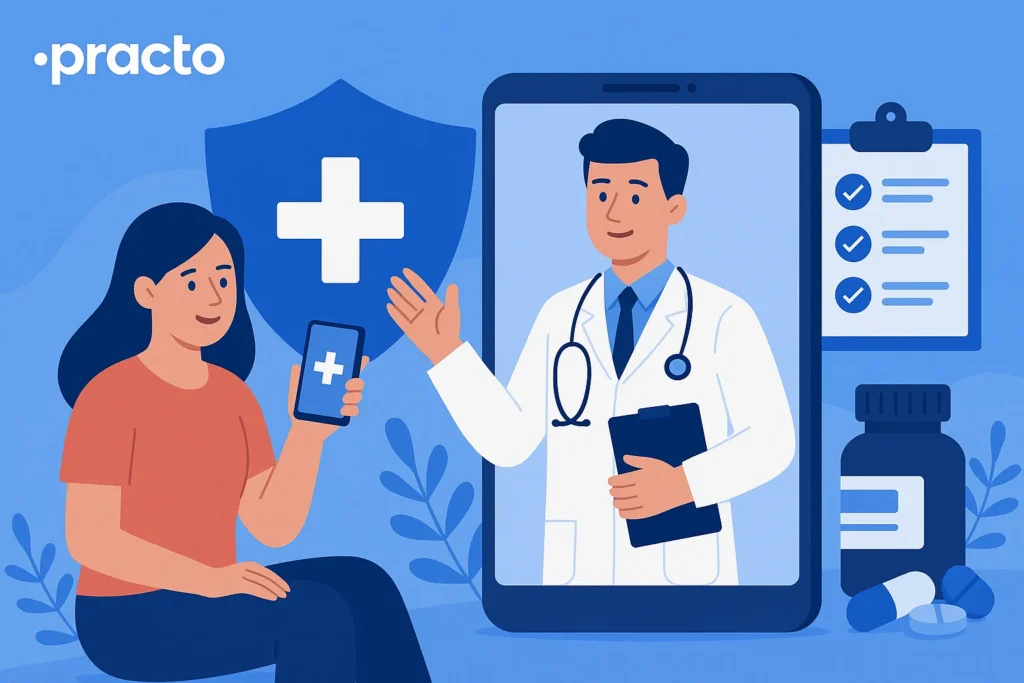 Illustration showing business model of practo features like telemedicine, e-pharmacy, and appointments