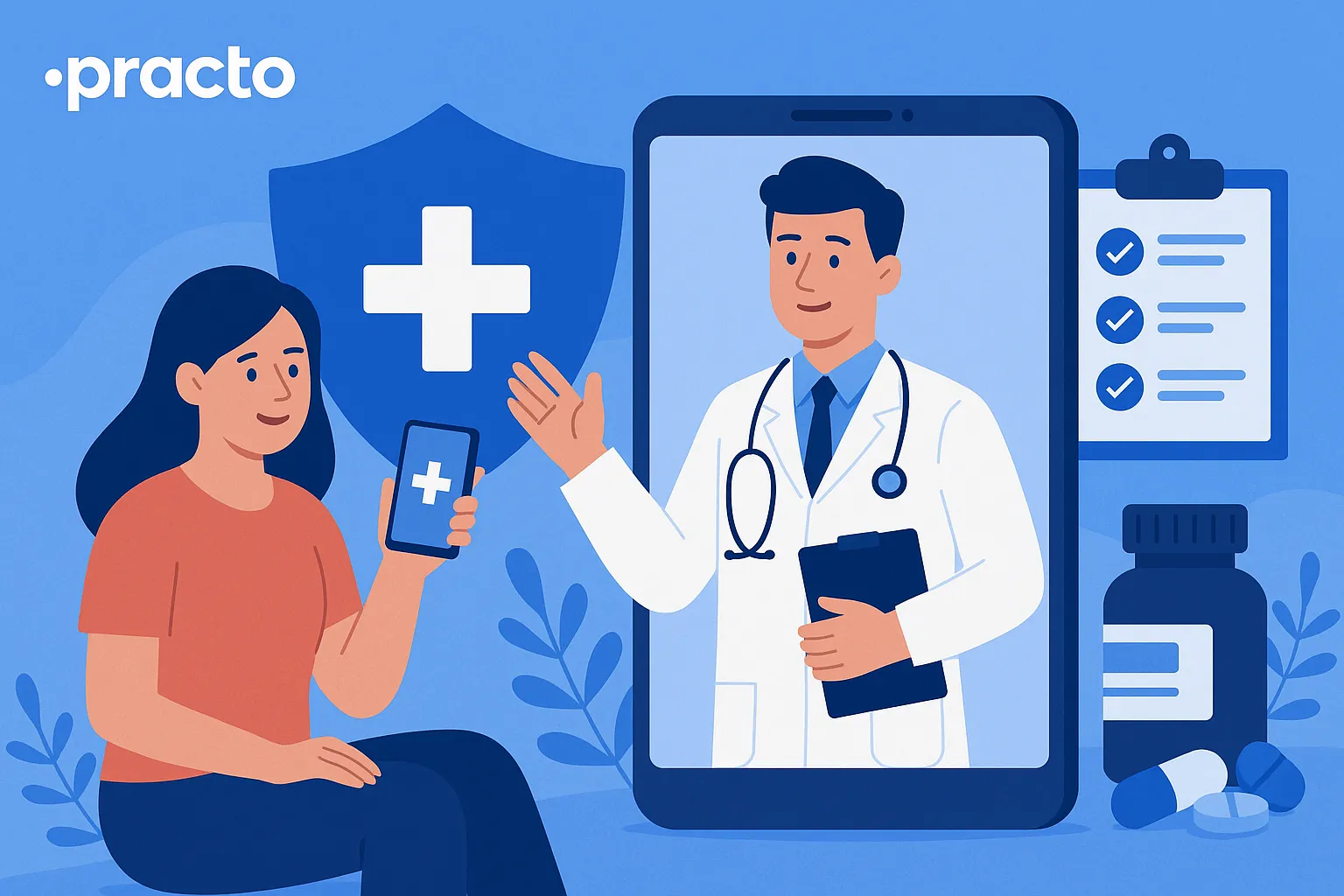 Illustration showing business model of practo features like telemedicine, e-pharmacy, and appointments