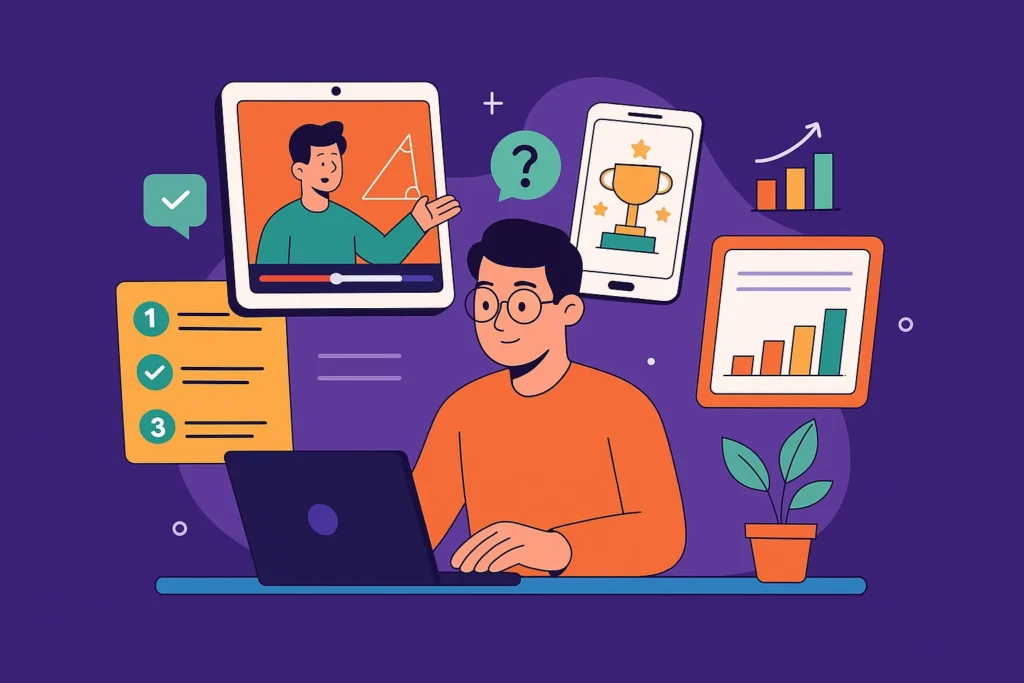 Illustration of a young entrepreneur using a laptop surrounded by EdTech tools, charts, and video lessons, inspired by Byju’s app features