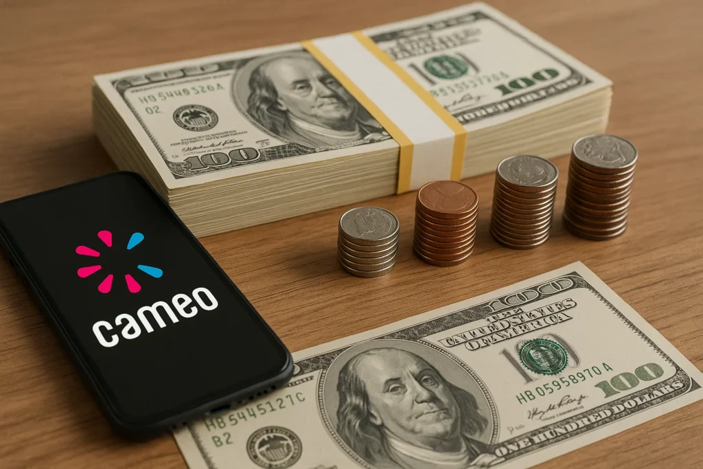 Cameo app displayed on smartphone next to stacked US dollar bills and coins, representing revenue and earnings