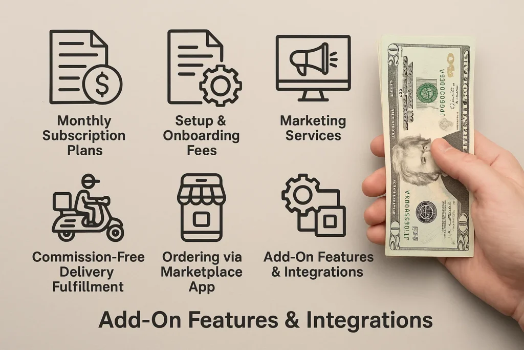 Infographic listing ChowNow’s monetization options with icons and a hand holding cash.