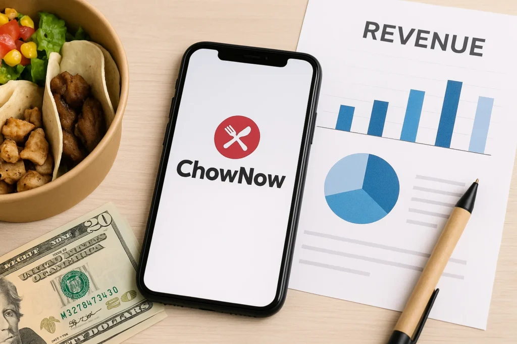Smartphone displaying ChowNow logo next to tacos, cash, and a revenue chart with graphs.