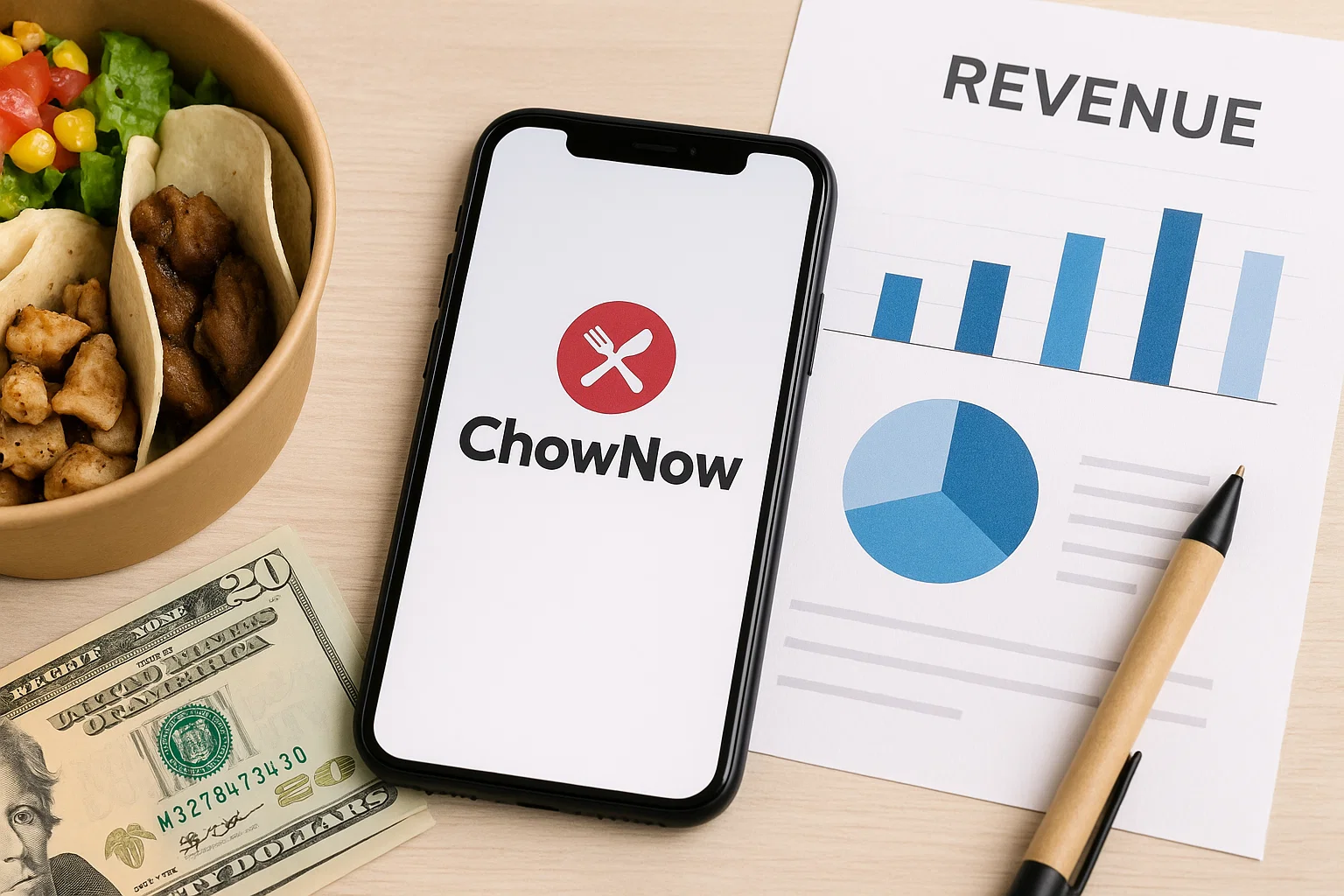 Smartphone displaying ChowNow logo next to tacos, cash, and a revenue chart with graphs.