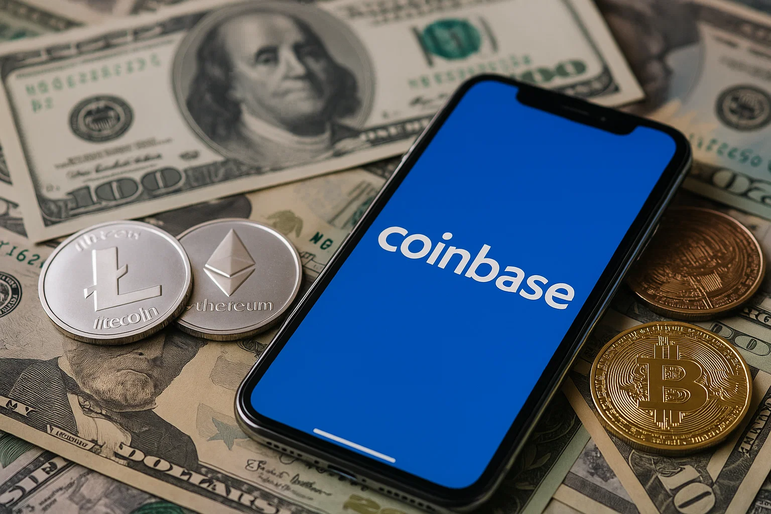 Coinbase mobile app screen with cryptocurrency coins (Bitcoin, Litecoin, Ethereum) and U.S. dollar bills background.