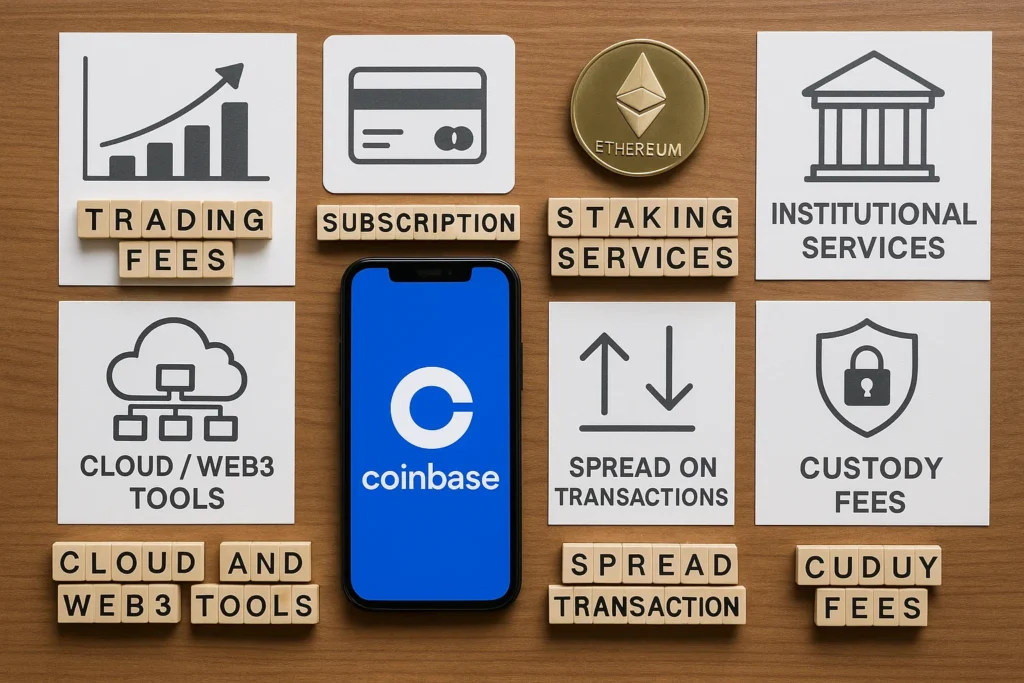 Flat lay showing Coinbase app and revenue sources like trading fees, staking, cloud tools, custody fees, and subscriptions.