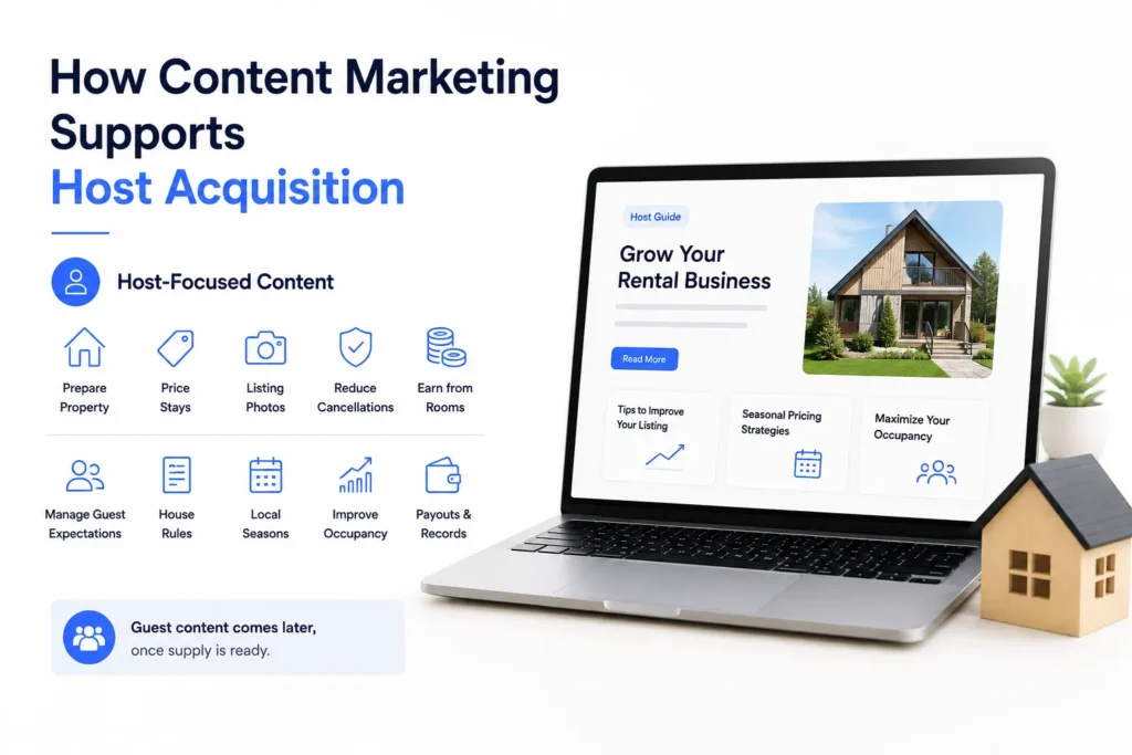 Content marketing for host acquisition in a short-term rental marketplace using host guides, pricing tips, listing advice, and rental growth content.