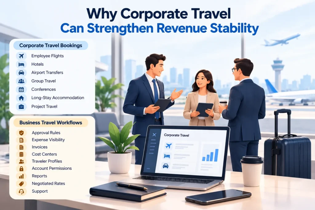 How B2B Travel Booking Platforms Generate Revenue From Markups, Commissions, Corporate Plans, and Agent Services 2 Corporate travel booking platform showing employee flights, hotels, airport transfers, group travel, approval workflows, invoices, cost centers, traveler profiles, and reporting.