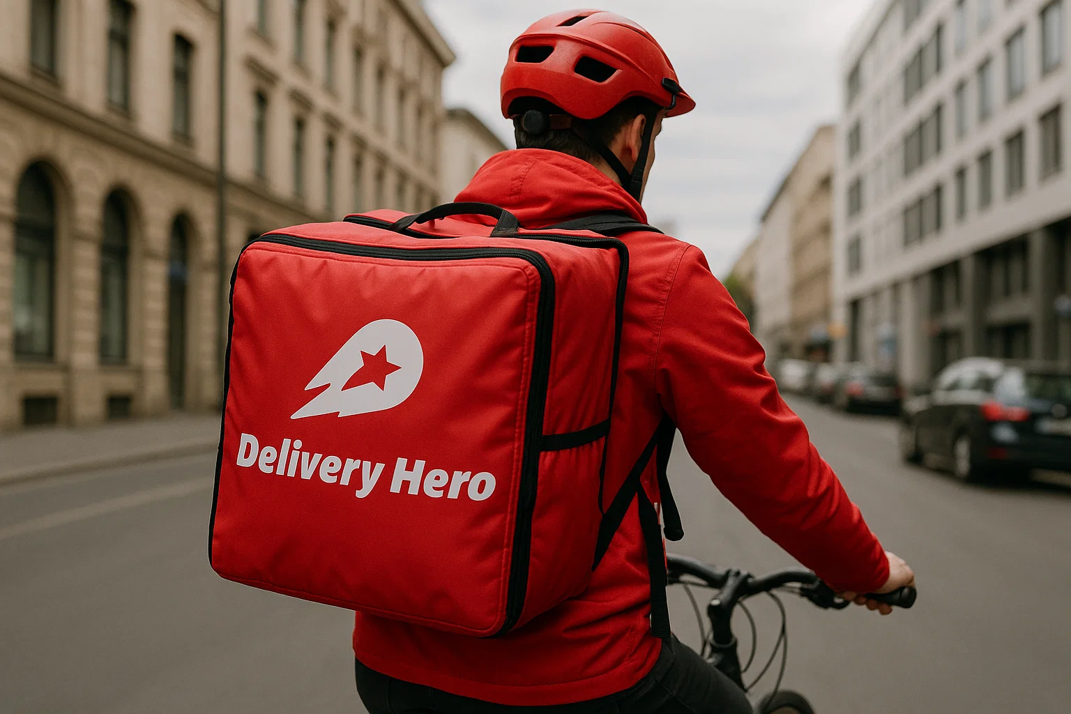 Delivery Hero cyclist wearing red uniform and helmet with a branded thermal backpack riding on a city street.