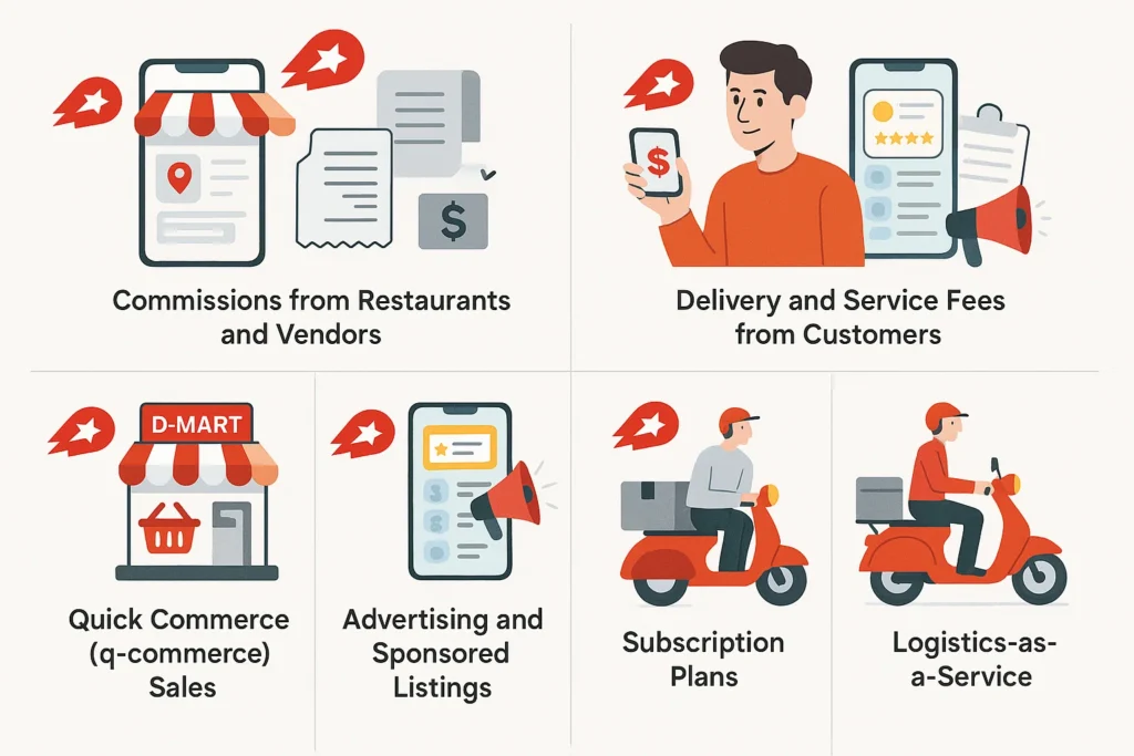 Infographic showing Delivery Hero's revenue streams including commissions, service fees, q-commerce, ads, subscriptions, and logistics.

