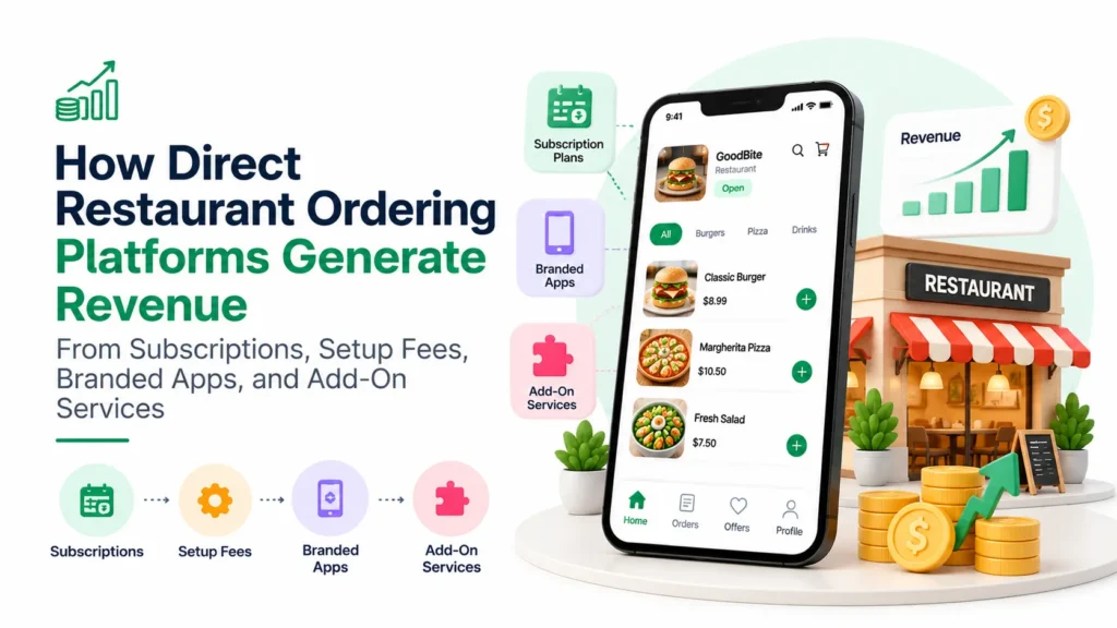 Direct restaurant ordering platform revenue model showing subscriptions, setup fees, branded apps, and add-on services.
