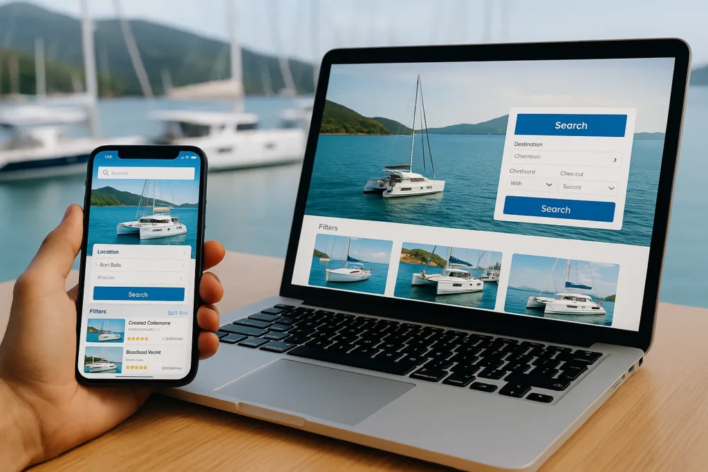 Yacht booking app displayed on mobile and laptop with marina background