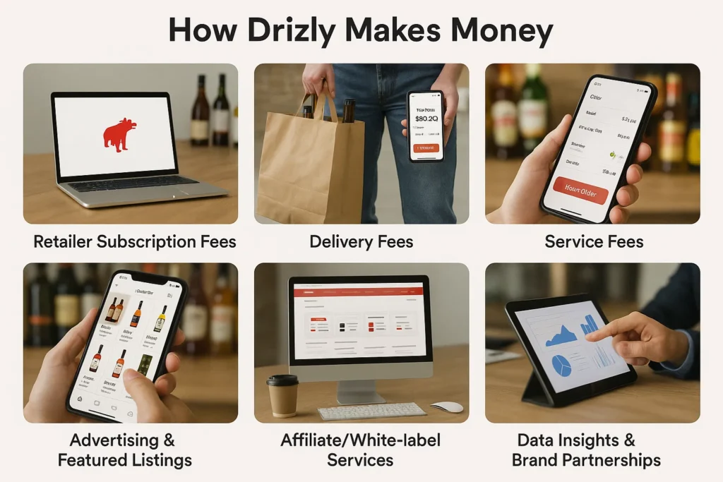 Infographic showing how Drizly makes money via subscription fees, delivery, service fees, advertising, affiliate services, and data insights.