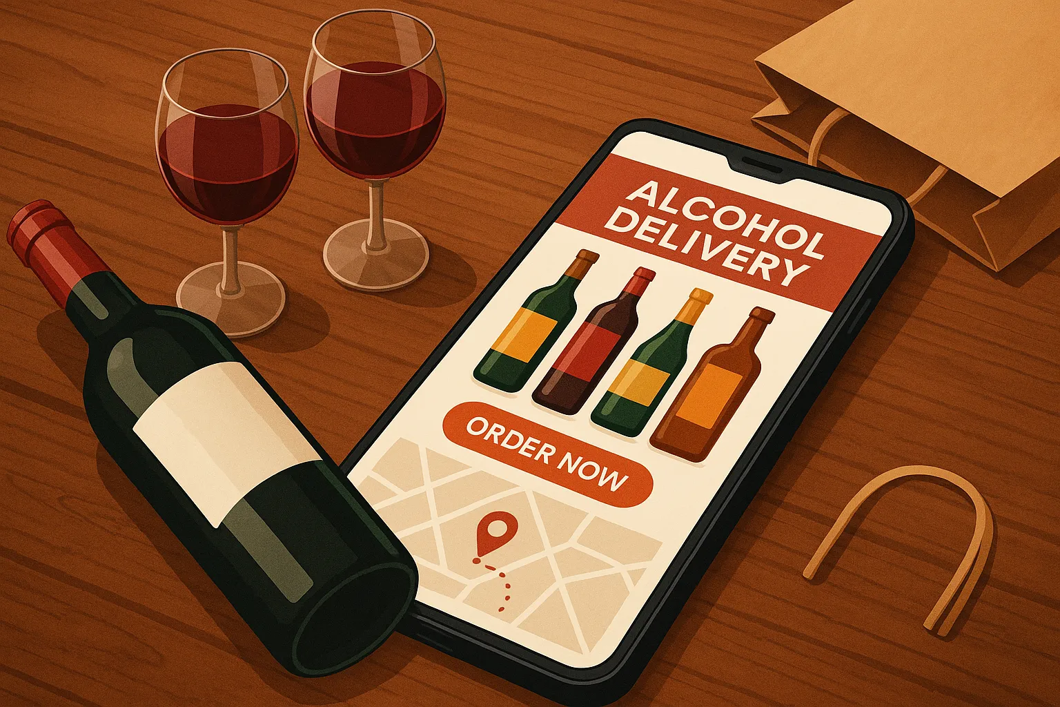 Alcohol delivery app open on a smartphone with wine glasses and a wine bottle on a wooden table
