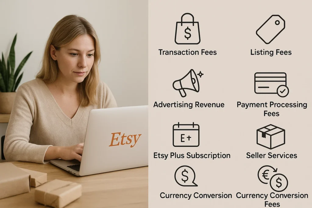 Woman using an Etsy laptop with infographic of Etsy’s revenue sources including fees, ads, and subscriptions.