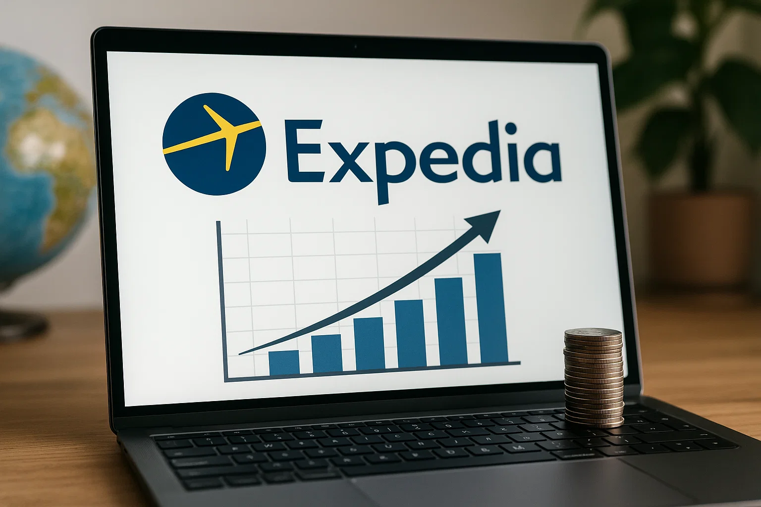 Laptop screen showing Expedia logo with a rising bar chart and stacked coins representing revenue growth