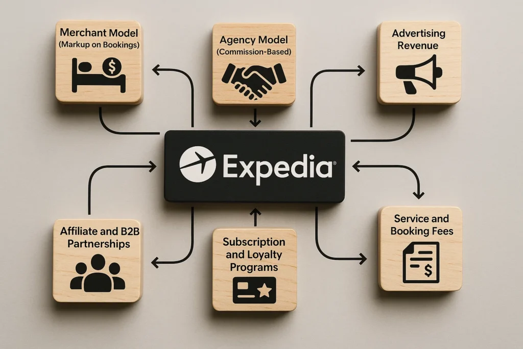 Expedia revenue model flowchart showing income sources like merchant model, agency model, advertising, booking fees, and affiliate partnerships.