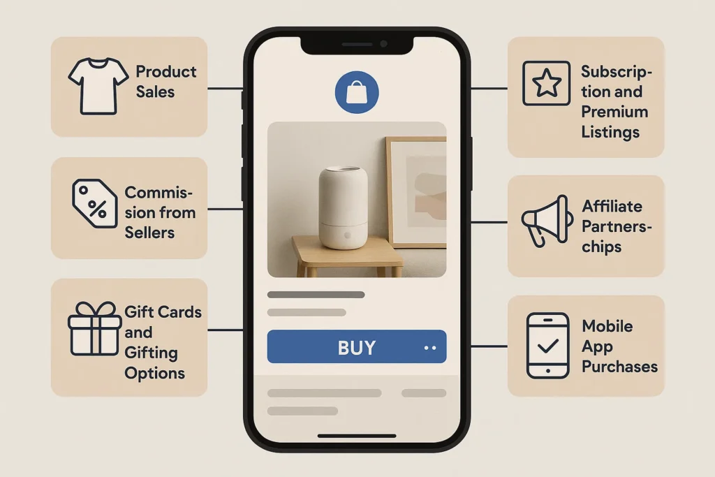 Smartphone screen displaying product purchase interface with labeled monetization methods such as product sales, commissions, subscriptions, affiliate partnerships, and more.