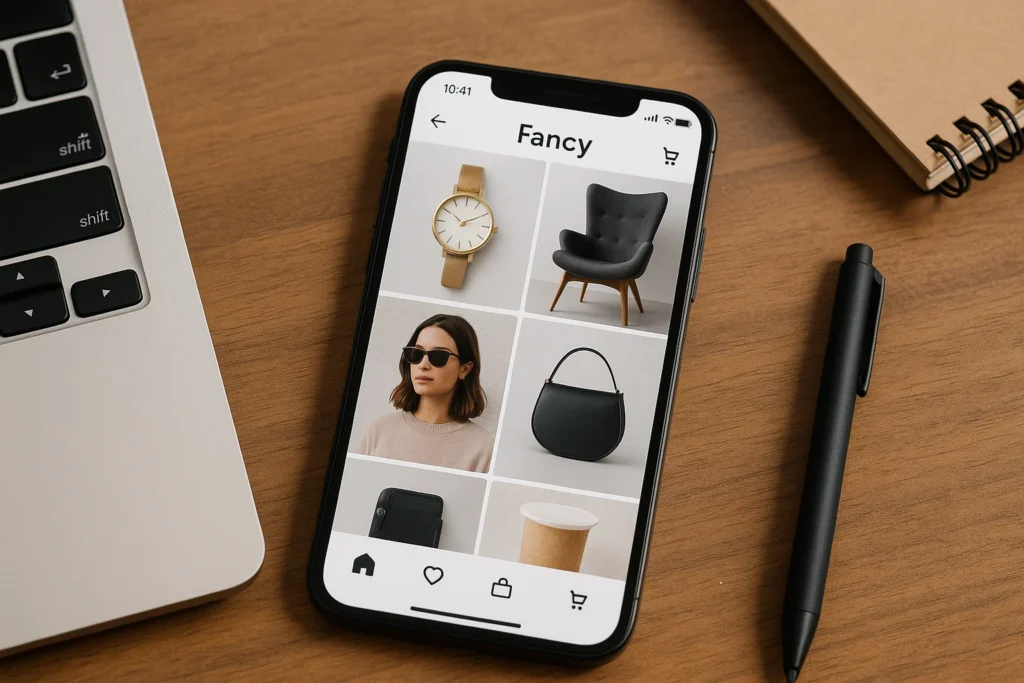 Fancy mobile shopping app showing product tiles including watch, sunglasses, chair, handbag, and other lifestyle items.