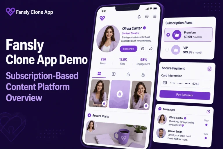 Fansly clone app demo showing a subscription-based content platform with creator profile, premium posts, subscription plans, and secure payment interface.