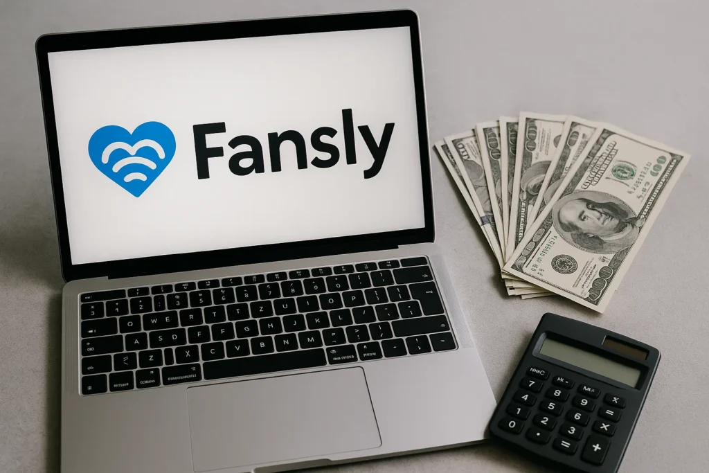 "Fansly logo on laptop screen beside US dollar bills and a calculator"