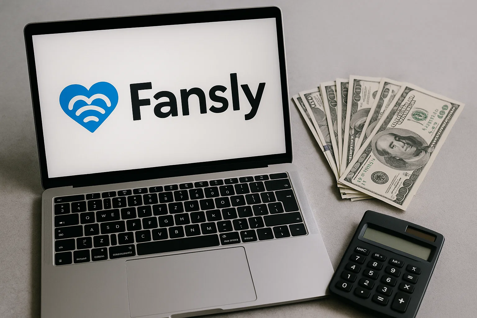 "Fansly logo on laptop screen beside US dollar bills and a calculator"