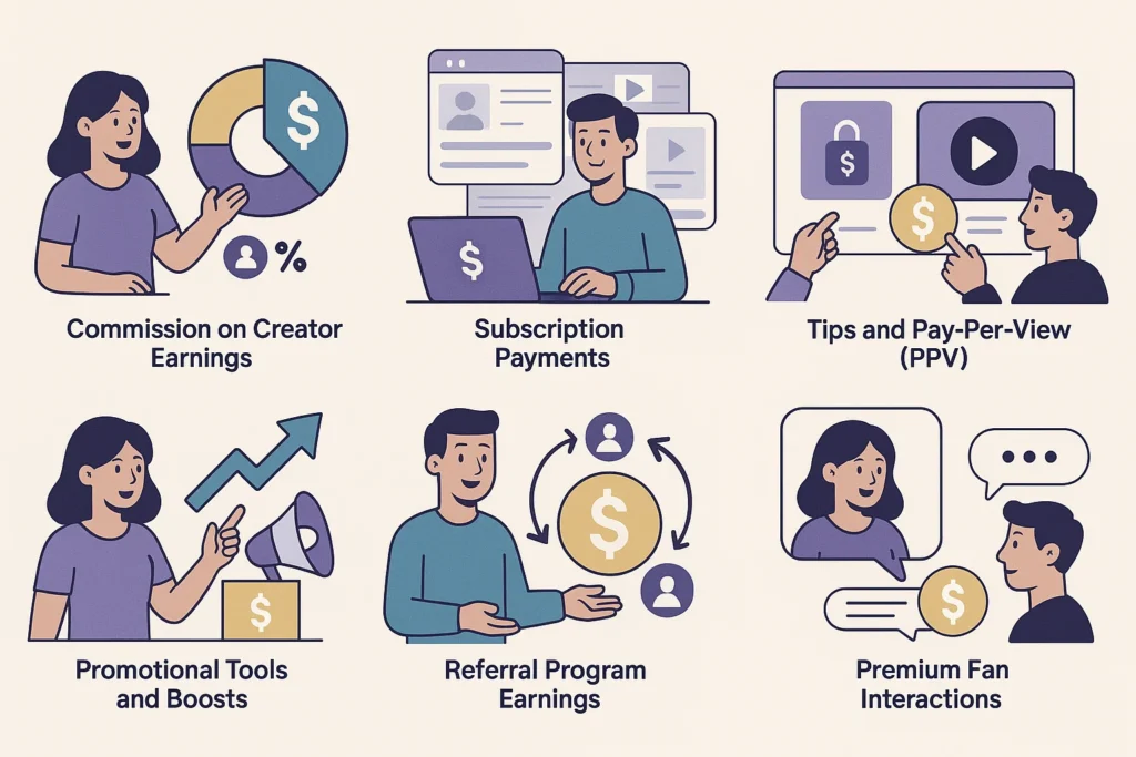 Illustration showing Fansly revenue streams including subscriptions, tips, referrals, and fan interactions