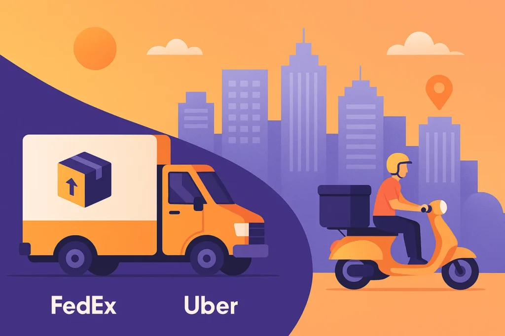 Visual comparison of FedEx and Uber delivery vehicles representing logistics and on-demand delivery in 2025