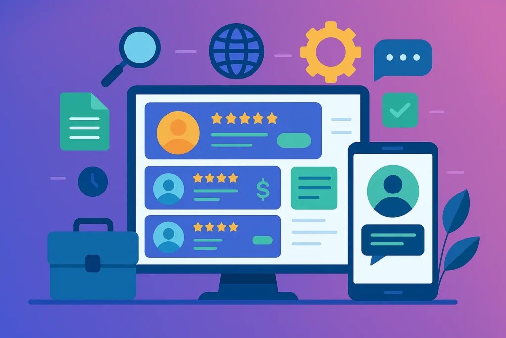 Illustration of Fiverr-style freelance platform with gig listings, profile ratings, and mobile chat interface